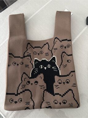 Cute Knit Cat Tote Bag Stretch Reusable Shopper Kawaii Aesthetic Brown Black